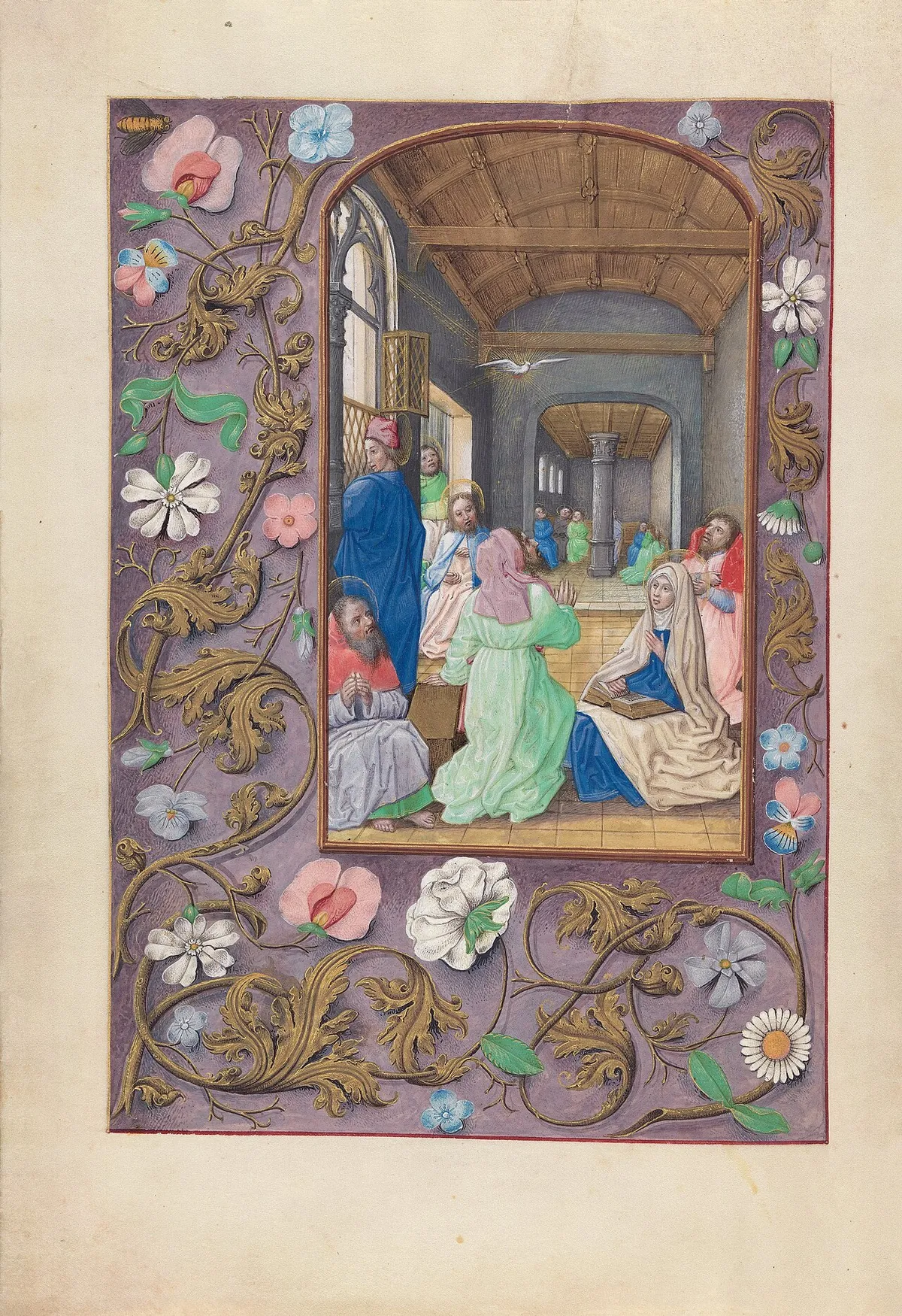 Pentecost in the Hours of Queen Isabella the Catholic, the dove above the apostles, inside a Ghent-Bruges border of gold acanthus and scattered flowers