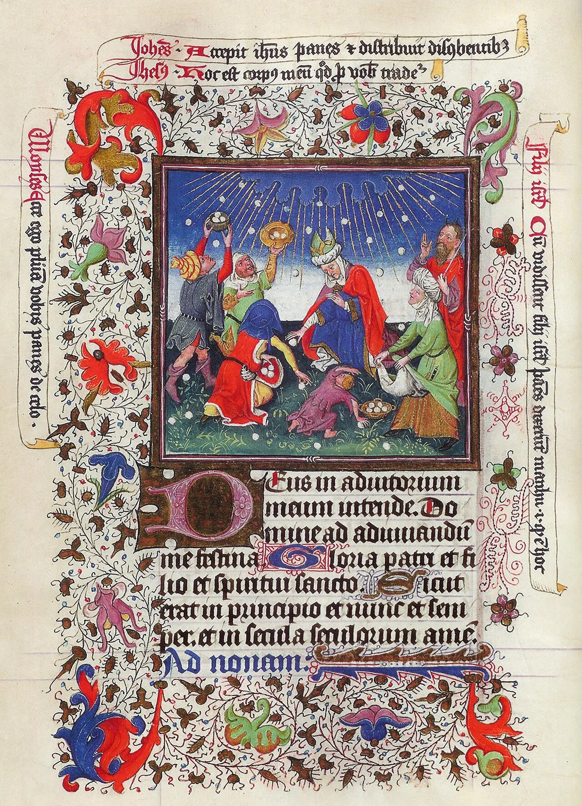 The Gathering of the Manna in the Hours of Catherine of Cleves, framed by a border of fish, nets and mussels