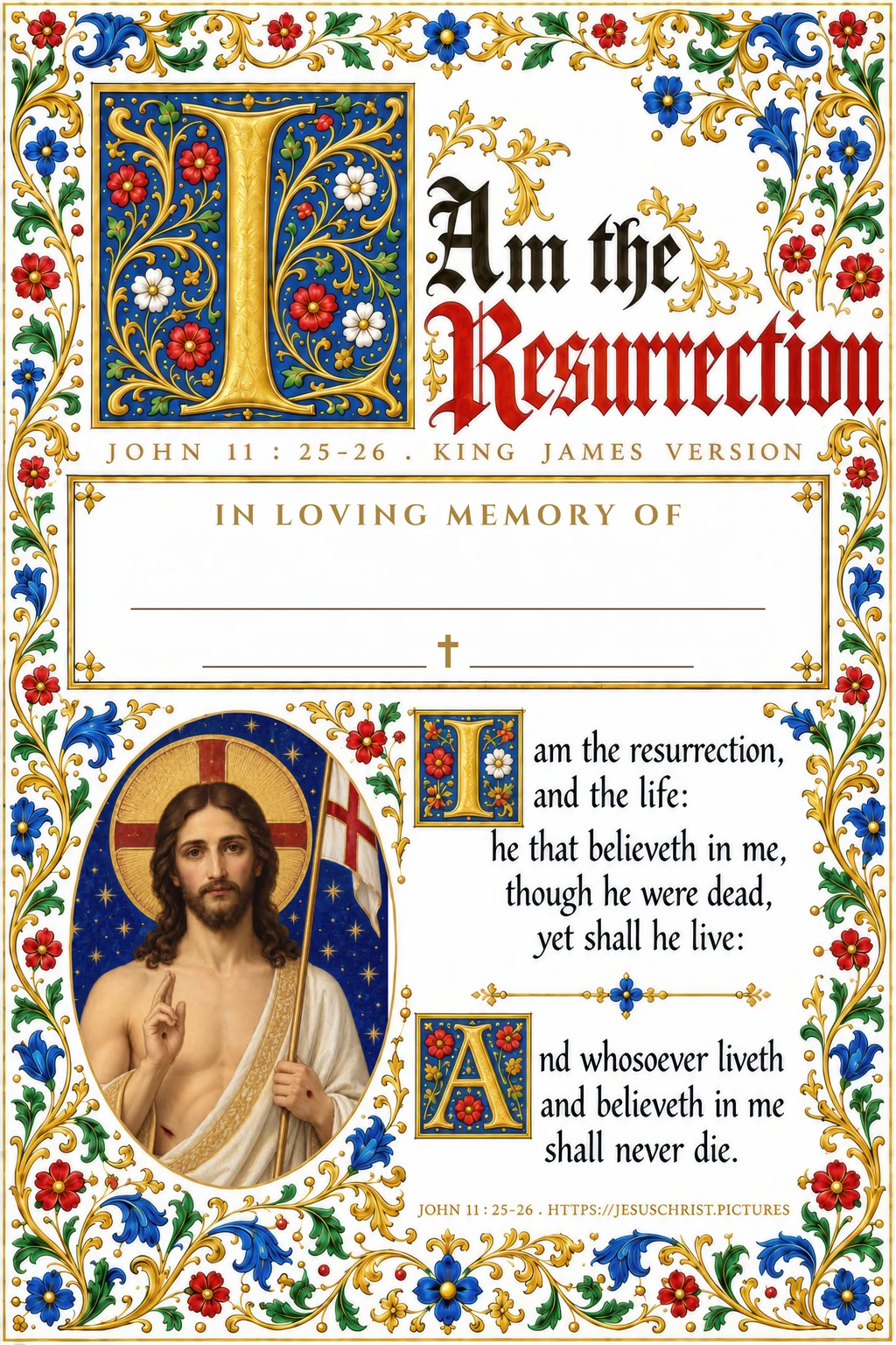 I Am the Resurrection memorial card, free printable John 11:25-26 funeral card with the risen Christ