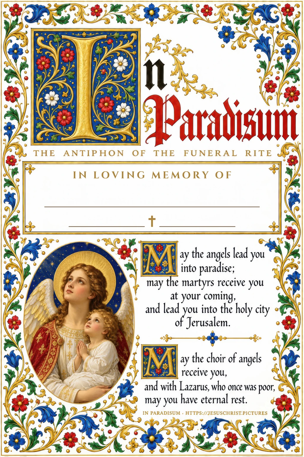 In Paradisum memorial card, free printable funeral prayer card with an angel