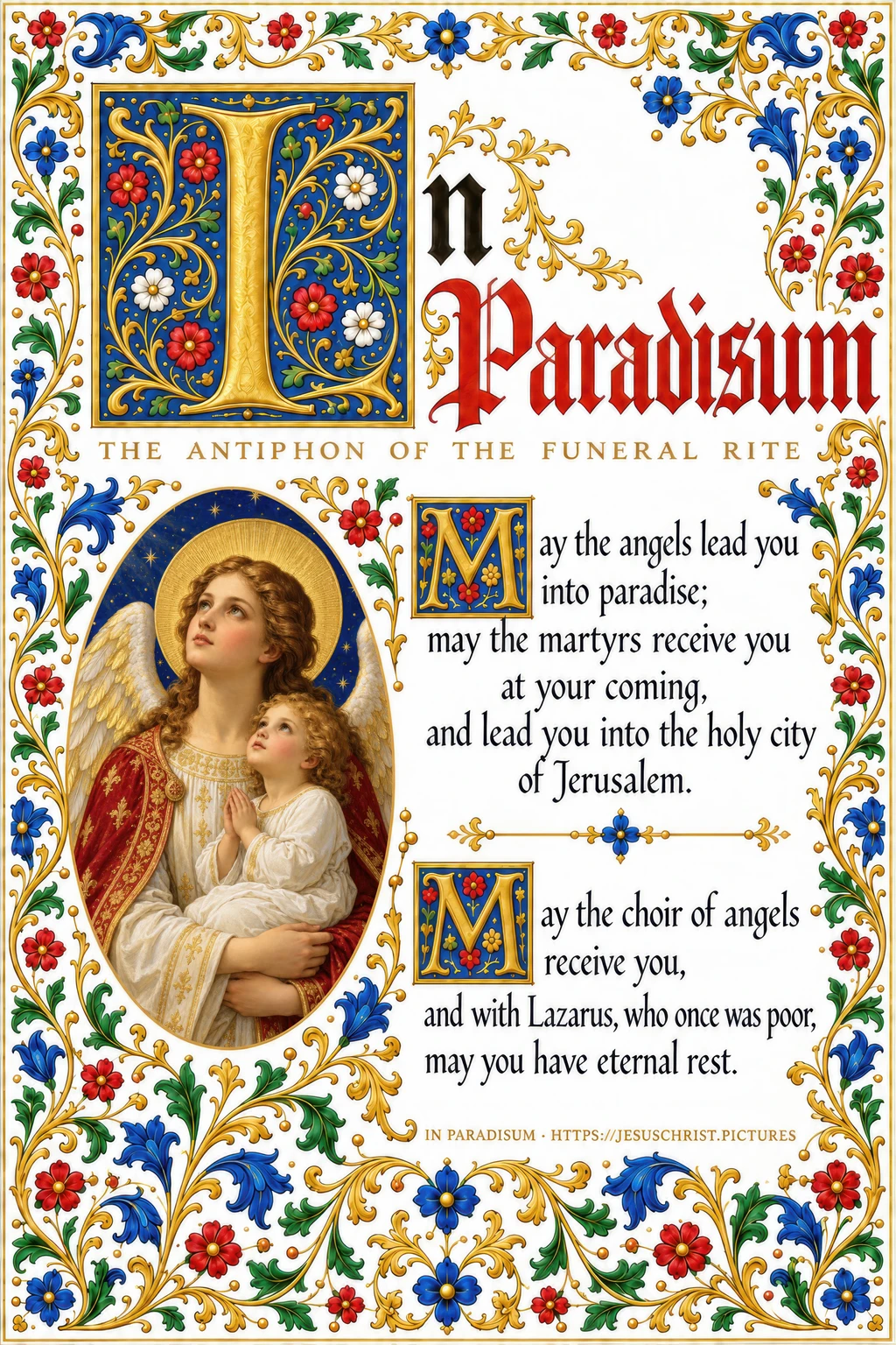 In Paradisum prayer card, free printable Catholic funeral antiphon with an angel