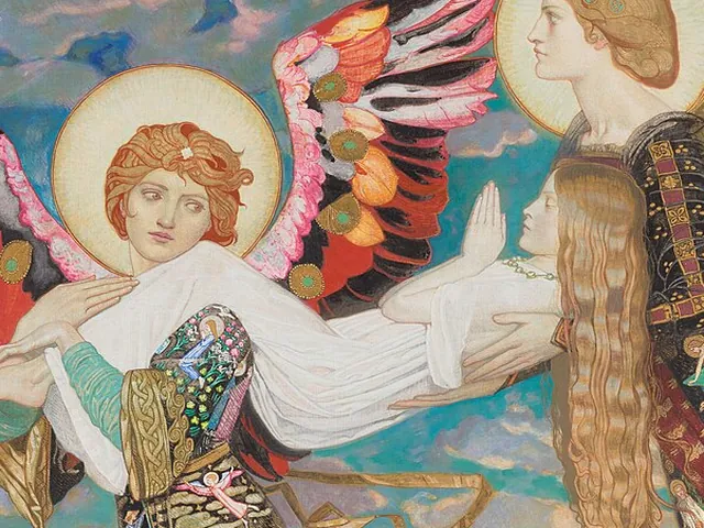 Detail of John Duncan's Saint Bride, a haloed angel carrying the young Brigid, her hands joined in prayer