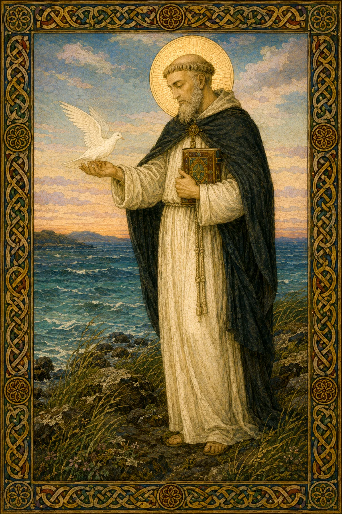 Saint Columba in a white habit and dark cloak on the shore of Iona, a jewelled book against his chest and a white dove alighting on his open hand