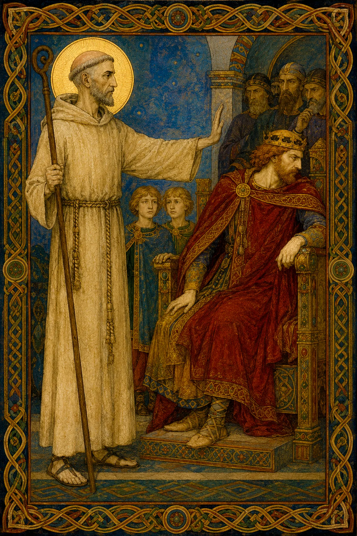 Saint Columbanus standing with a staff and raised hand before a crowned king seated in red, two boys beside the throne and armed courtiers behind
