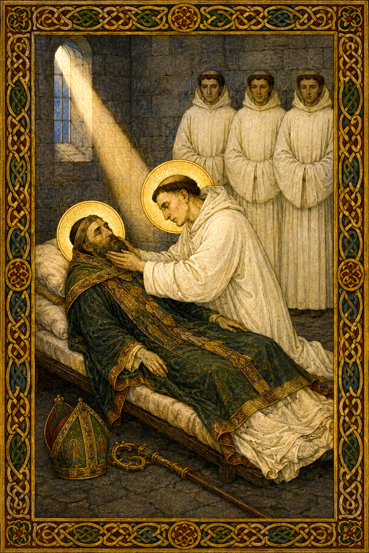 Saint Malachy lying on a low bed in a bare stone infirmary, Bernard of Clairvaux in white supporting his head, three Cistercians standing behind and a mitre and crozier on the floor