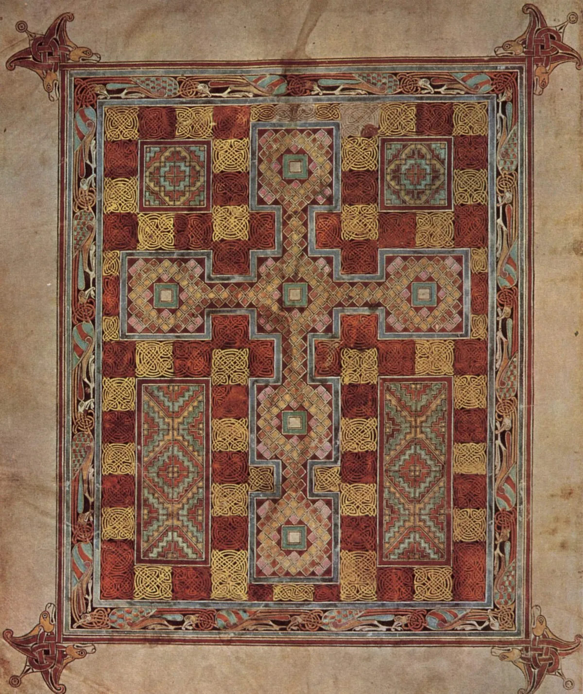Carpet page from the Lindisfarne Gospels, a stepped cross filled with knotwork and surrounded by interlaced birds