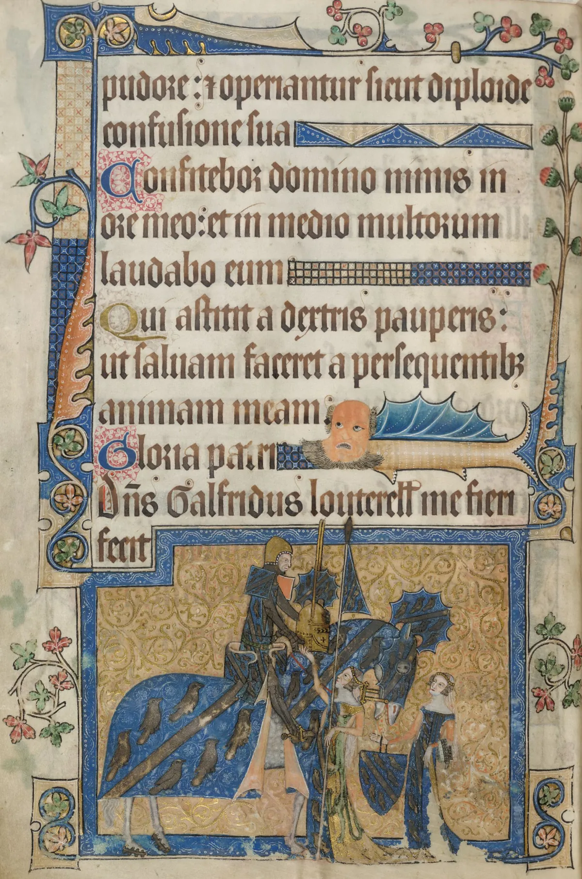Sir Geoffrey Luttrell on horseback in full heraldry, handed his helm by his wife and daughter, in the Luttrell Psalter