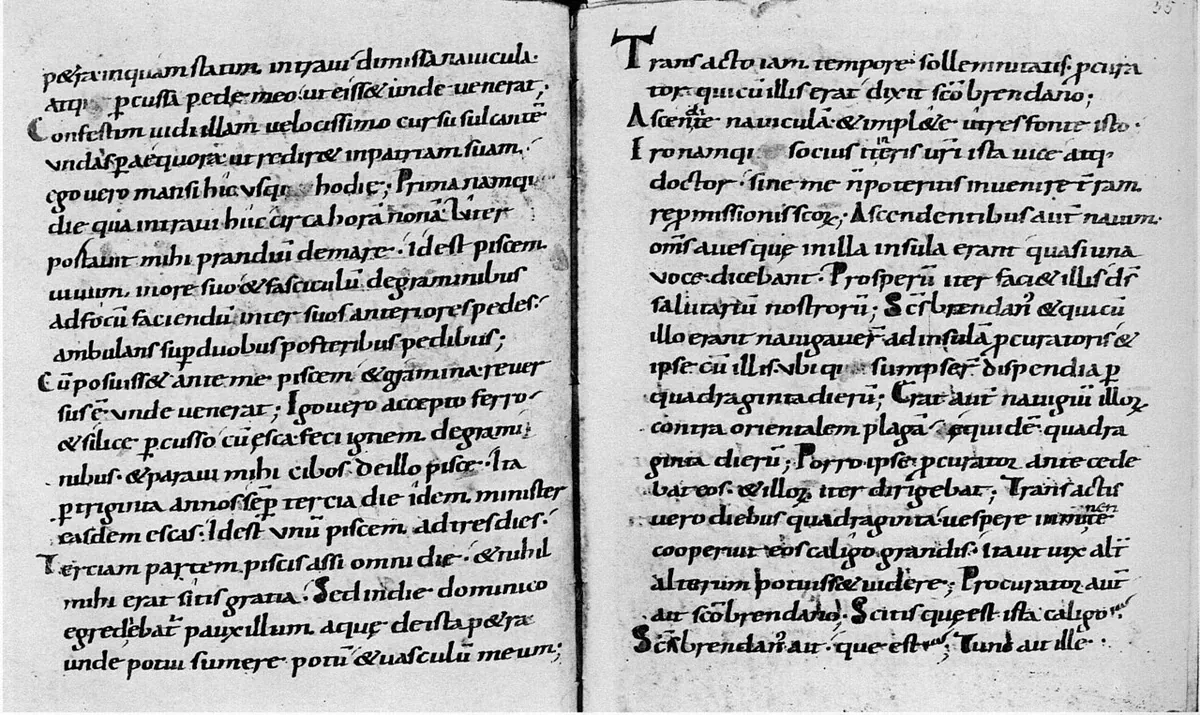 Two facing pages of a medieval Latin manuscript of the Voyage of Saint Brendan, written in dark Carolingian minuscule