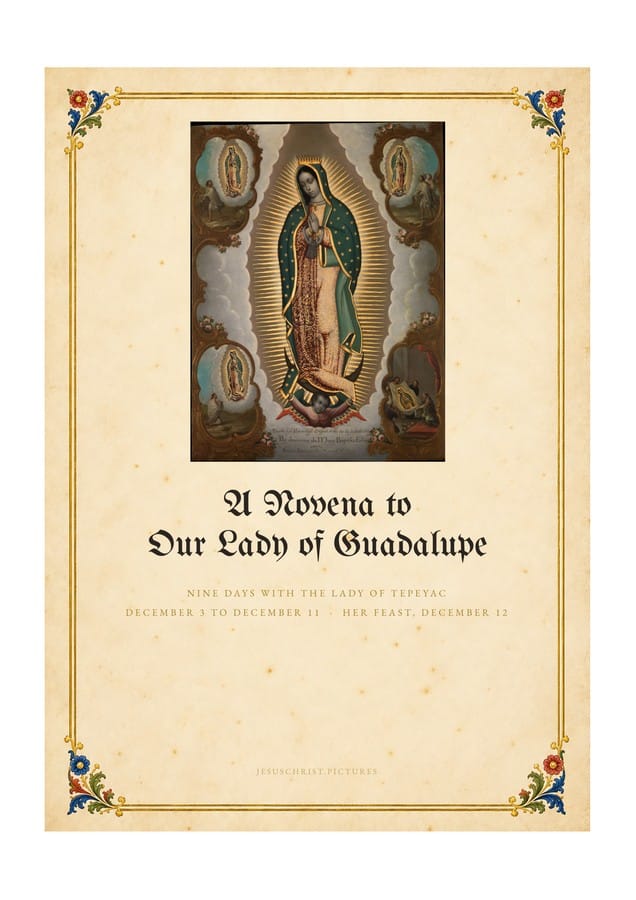 A Novena to Our Lady of Guadalupe, cover of the free printable nine-day booklet in illuminated style