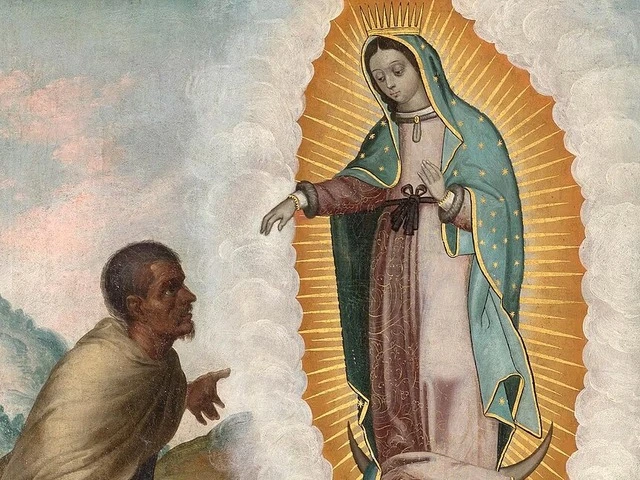 Our Lady of Guadalupe appears to Juan Diego on the hill of Tepeyac, detail of a painting by José Juárez, 1656