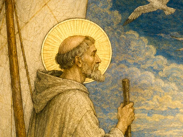 Saint Brendan in a pale hooded habit with a gold halo, looking west from the prow of his boat under a clouded sky