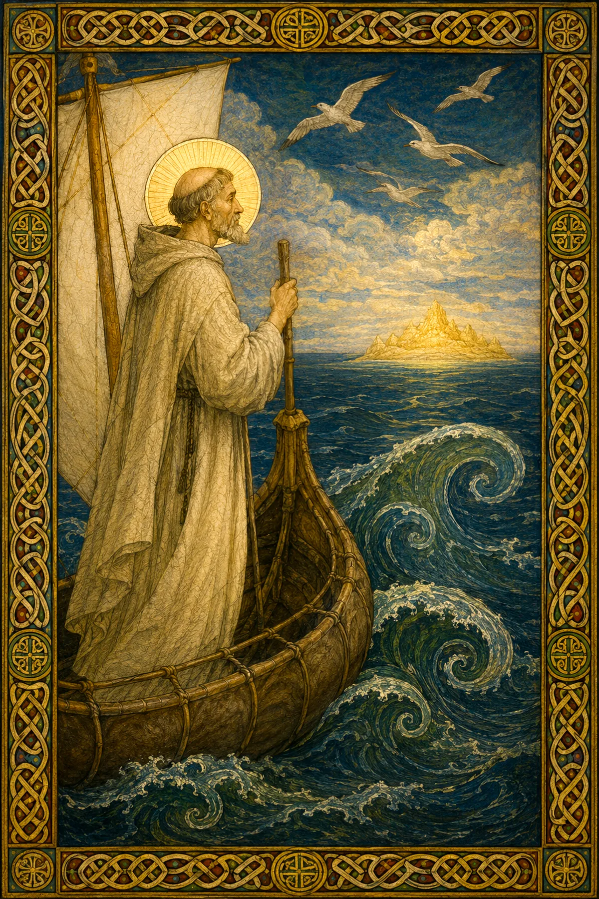 Saint Brendan standing at the prow of a leather boat under a single square sail, gulls overhead and a golden island on the horizon of a deep green sea