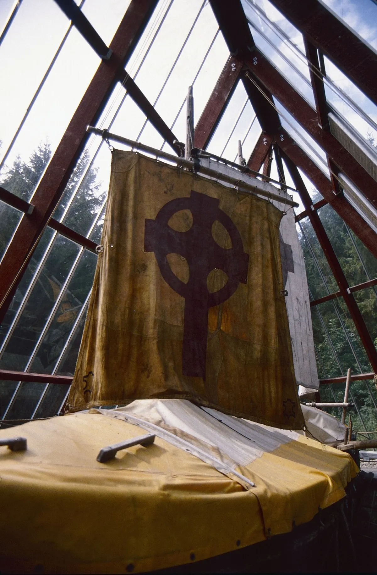 The hull of a leather-covered curragh preserved on display, oak frame covered in stitched ox hides