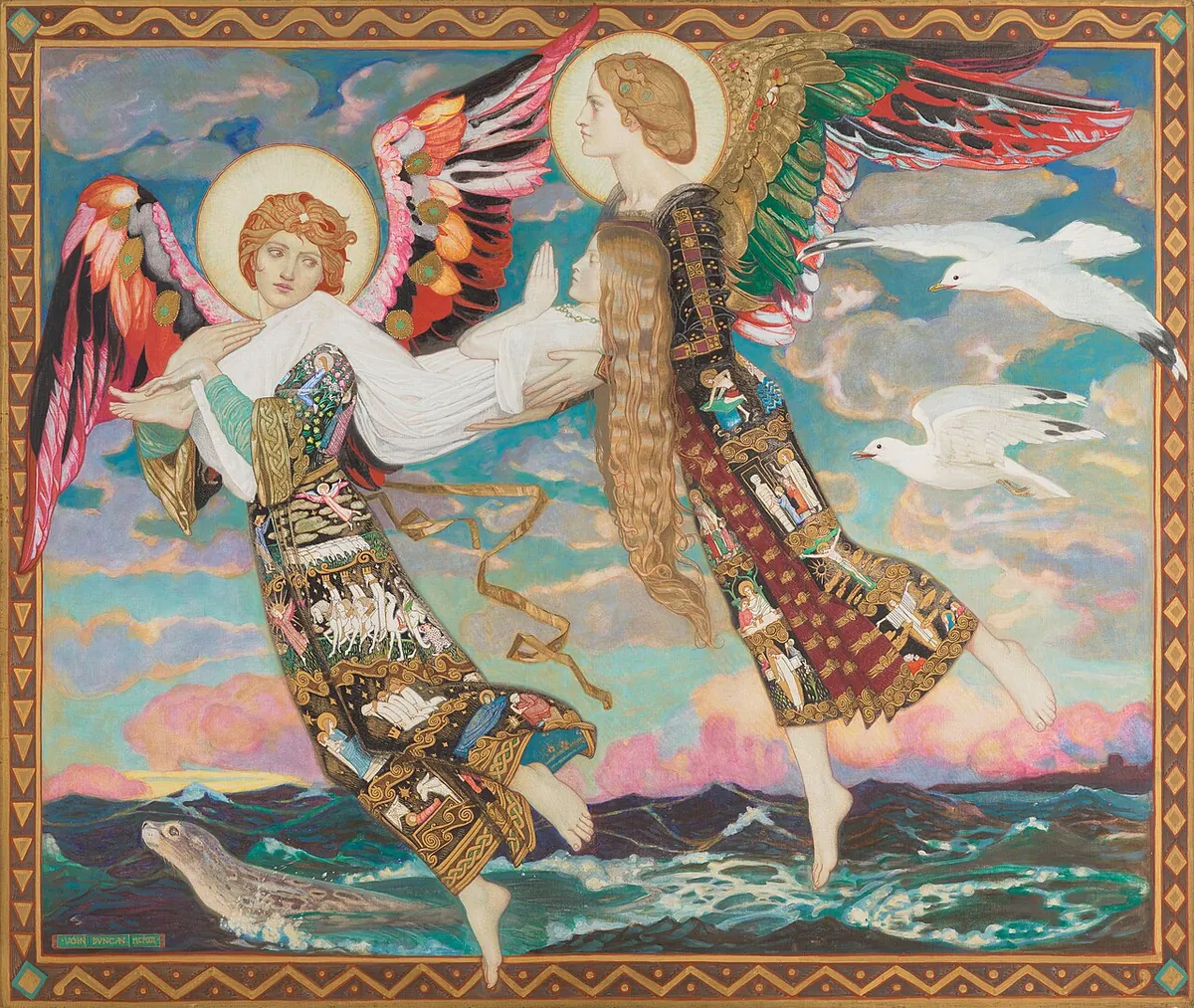 John Duncan's Saint Bride, two angels in embroidered robes carrying the young Brigid across a green sea, with seagulls and a seal