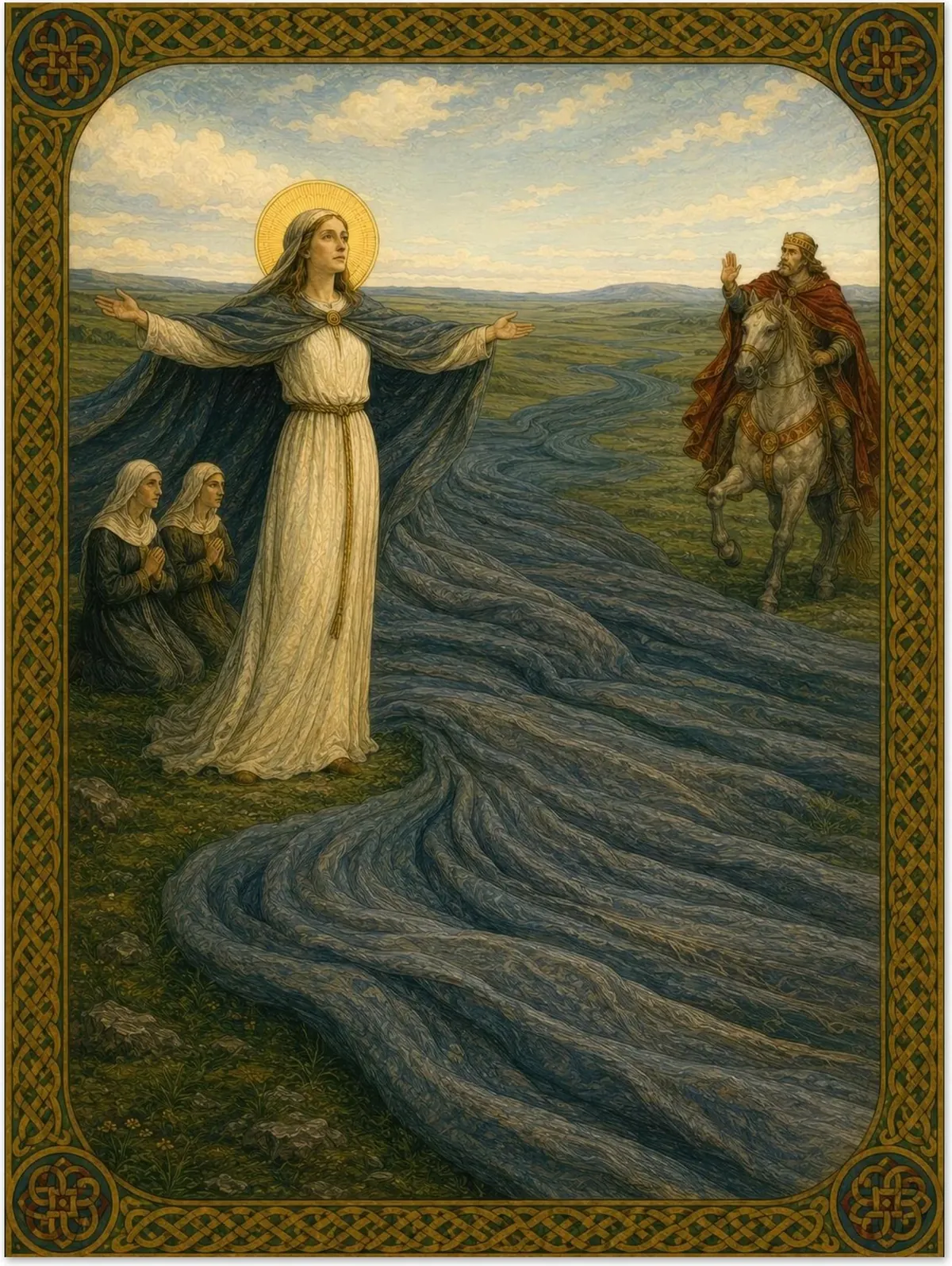 Saint Brigid standing on the Curragh with her arms open, her blue cloak unfurling across the plain far beyond its natural size, a king reining back his white horse at the edge
