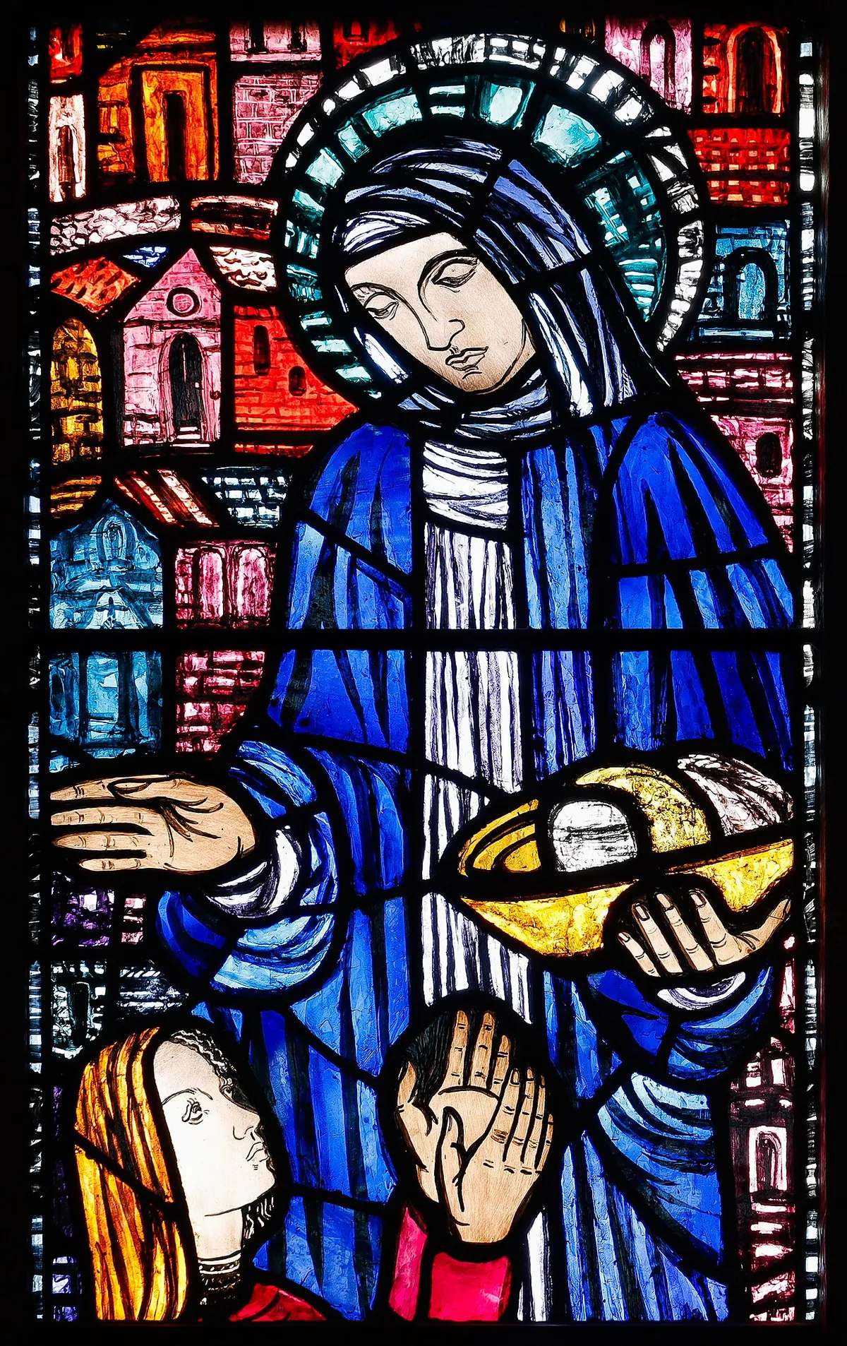 Evie Hone's Saint Brigid in blue, distributing bread with both hands while a child shelters under her cloak and the roofs of Kildare rise behind