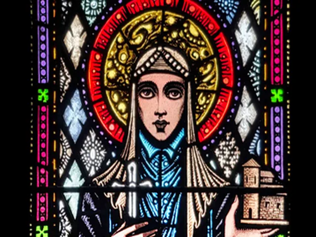 Detail of Harry Clarke's Saint Brigid, the abbess under a gold halo holding a crozier and a model church