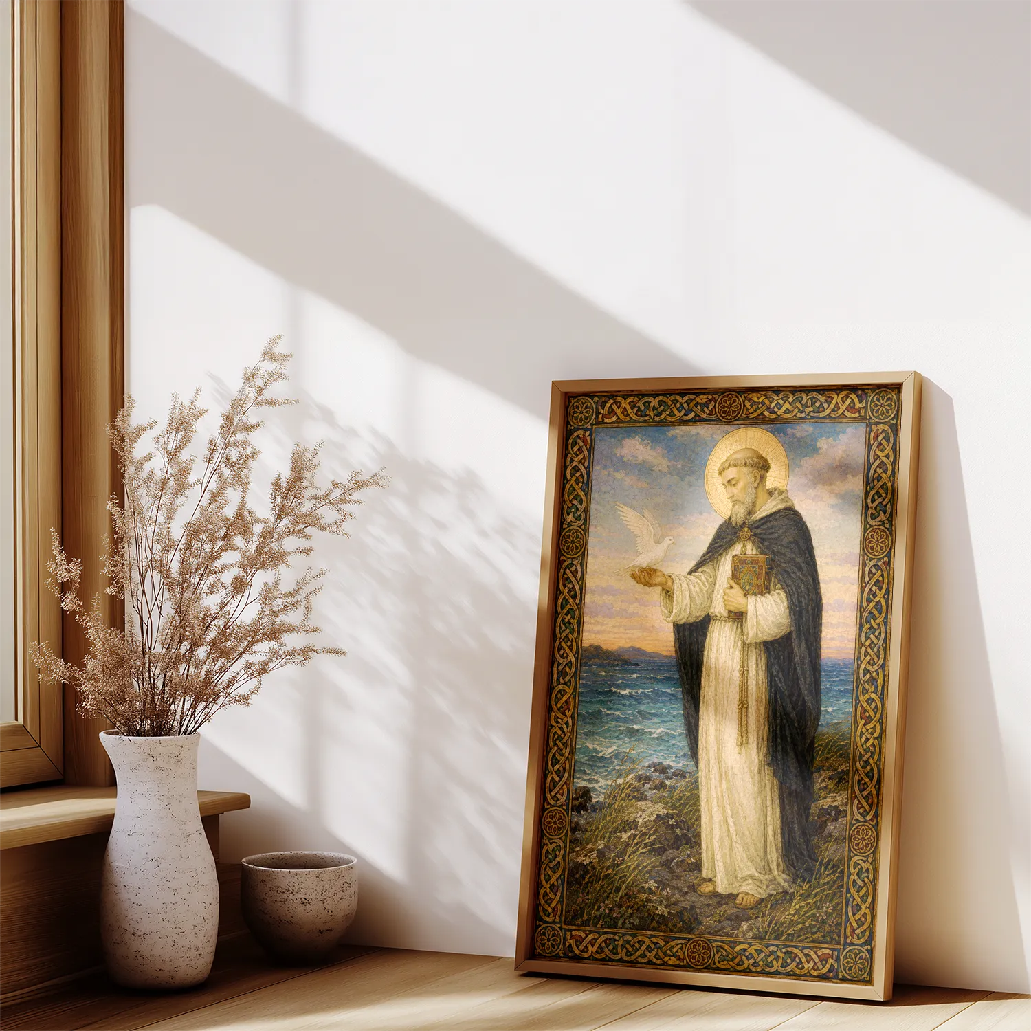 Saint Columba giclée fine art print (framed on a shelf in daylight)