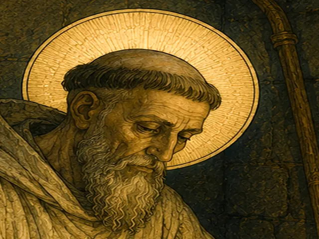 Saint Columbanus bent over his work by lamplight, a gold halo behind his head and a long grey beard