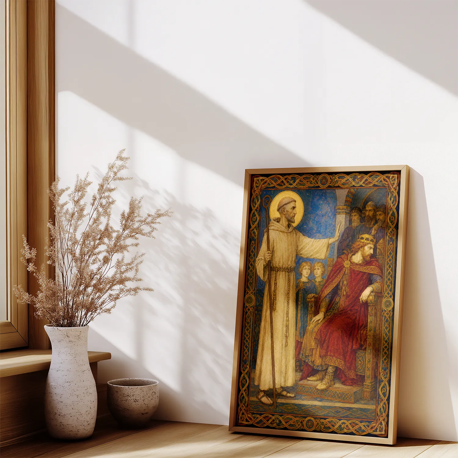 Saint Columbanus giclée fine art print (framed on a shelf in daylight)