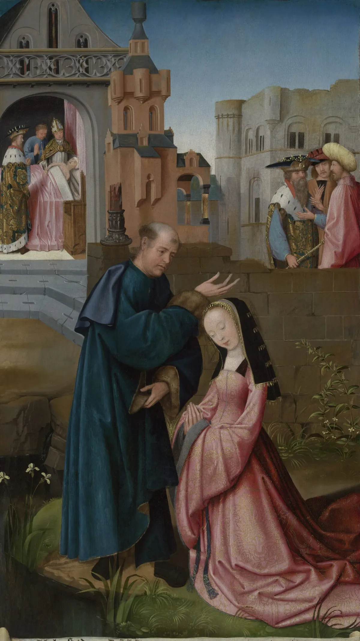Panel from Goswin van der Weyden's altarpiece of the life of Saint Dymphna, the young Irish princess among figures in early sixteenth century dress