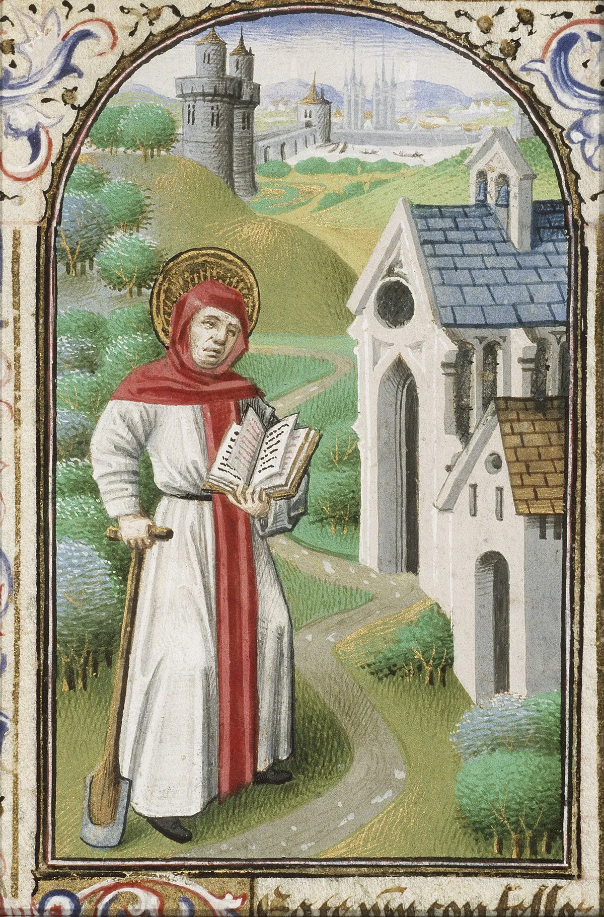 Illuminated miniature of Saint Fiacre in a white habit and red hood, holding an open book and a spade, with the town of Meaux behind him