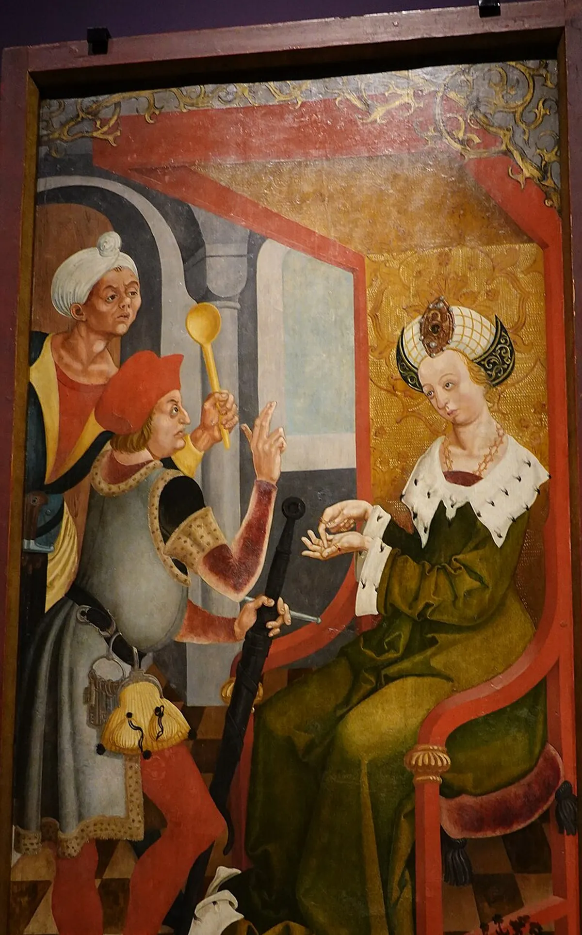 Painted late Gothic panel showing Duchess Gailana seated in a green gown handing payment to two men with a sword and a club