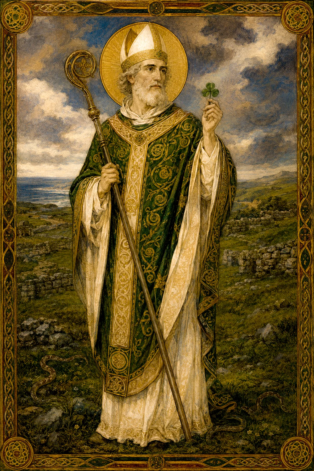 Saint Patrick as a bishop in a green and gold chasuble, holding a crozier and raising a three-leaved shamrock, snakes leaving through the grass of an Irish hillside above the sea