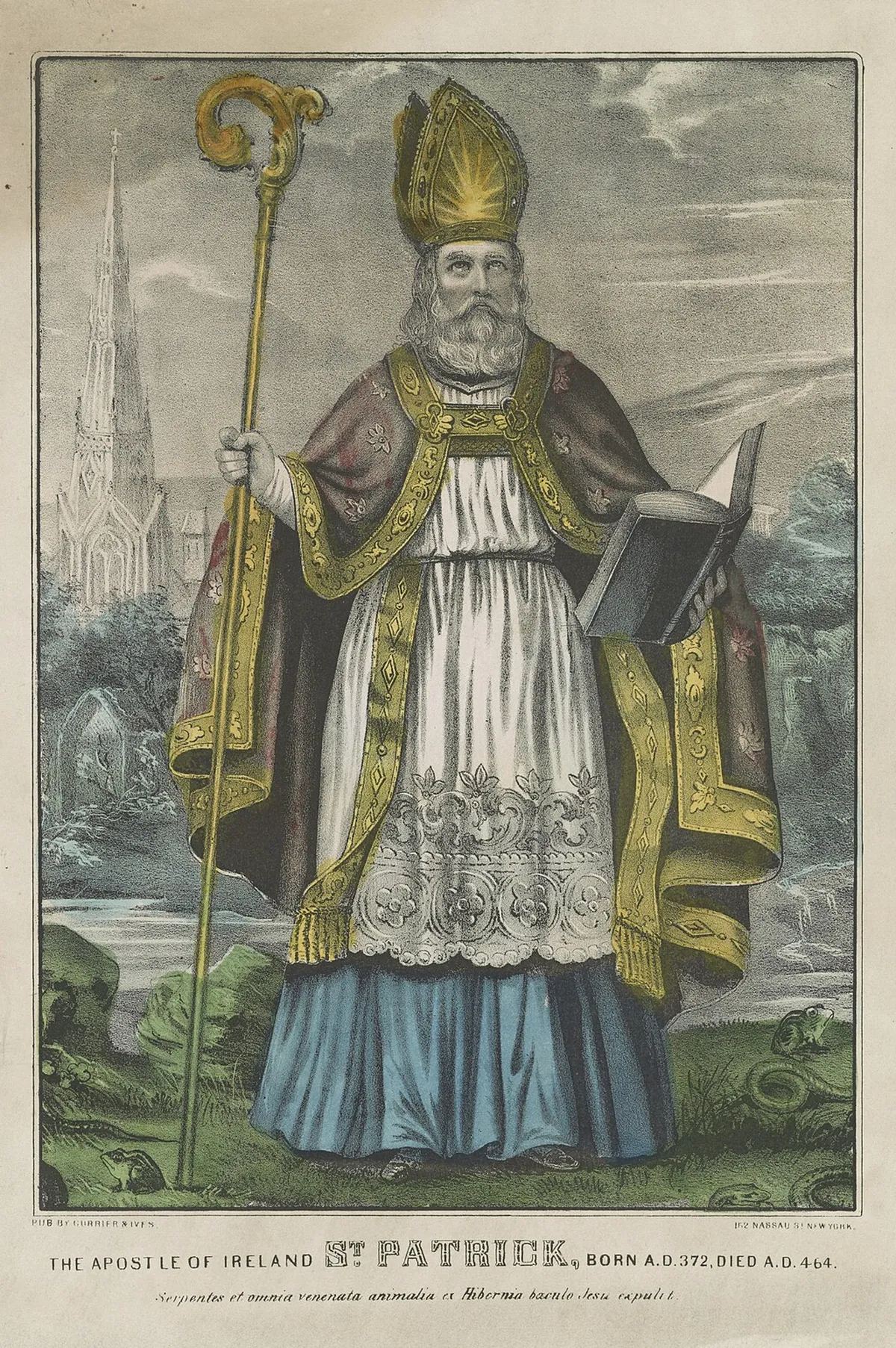 Currier and Ives lithograph of Saint Patrick in gold mitre and crimson cope, crozier in one hand and an open book in the other, snakes and frogs at his feet