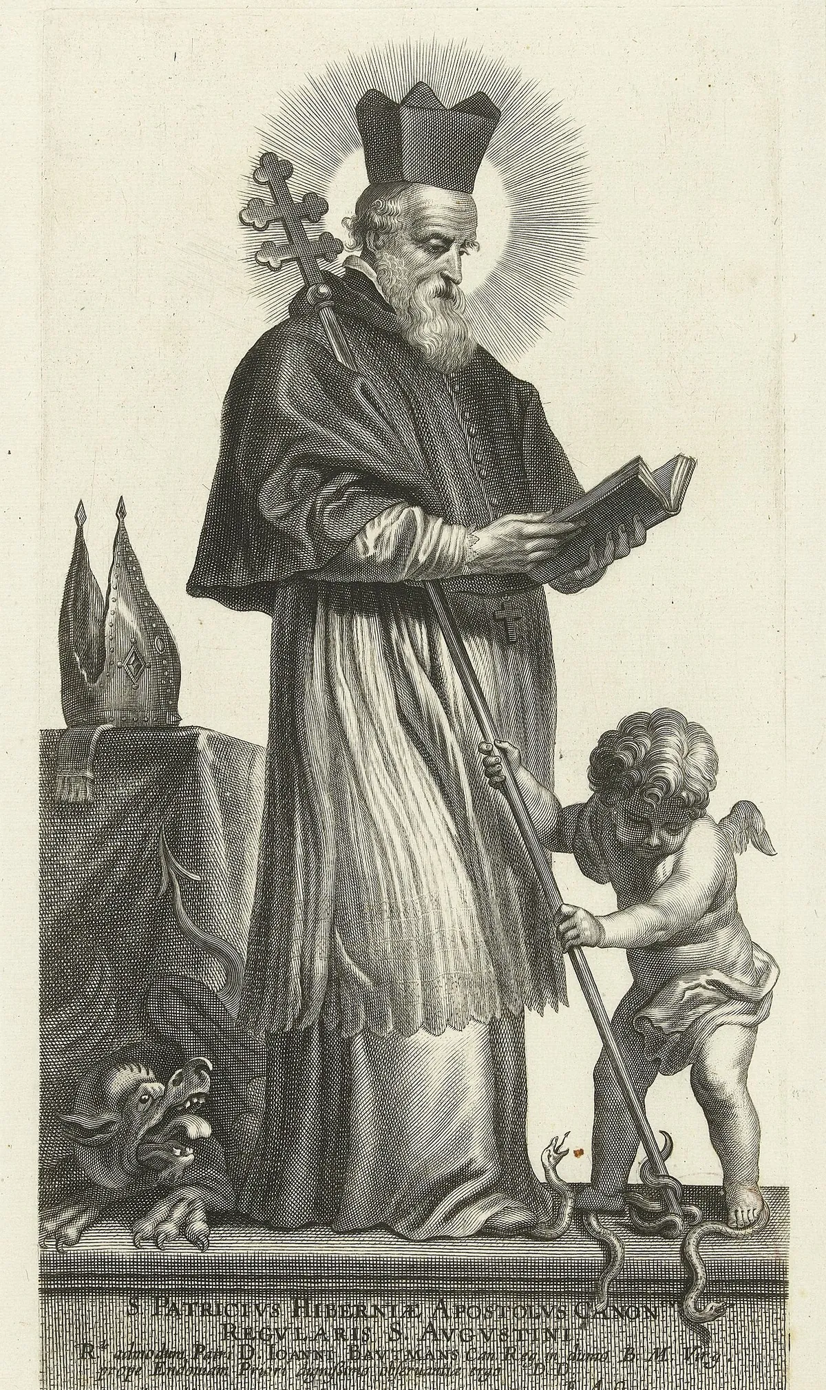 Baroque engraving of Saint Patrick as a bishop in mitre and cope, holding a book and a cross staff, with serpents and a demon at his feet