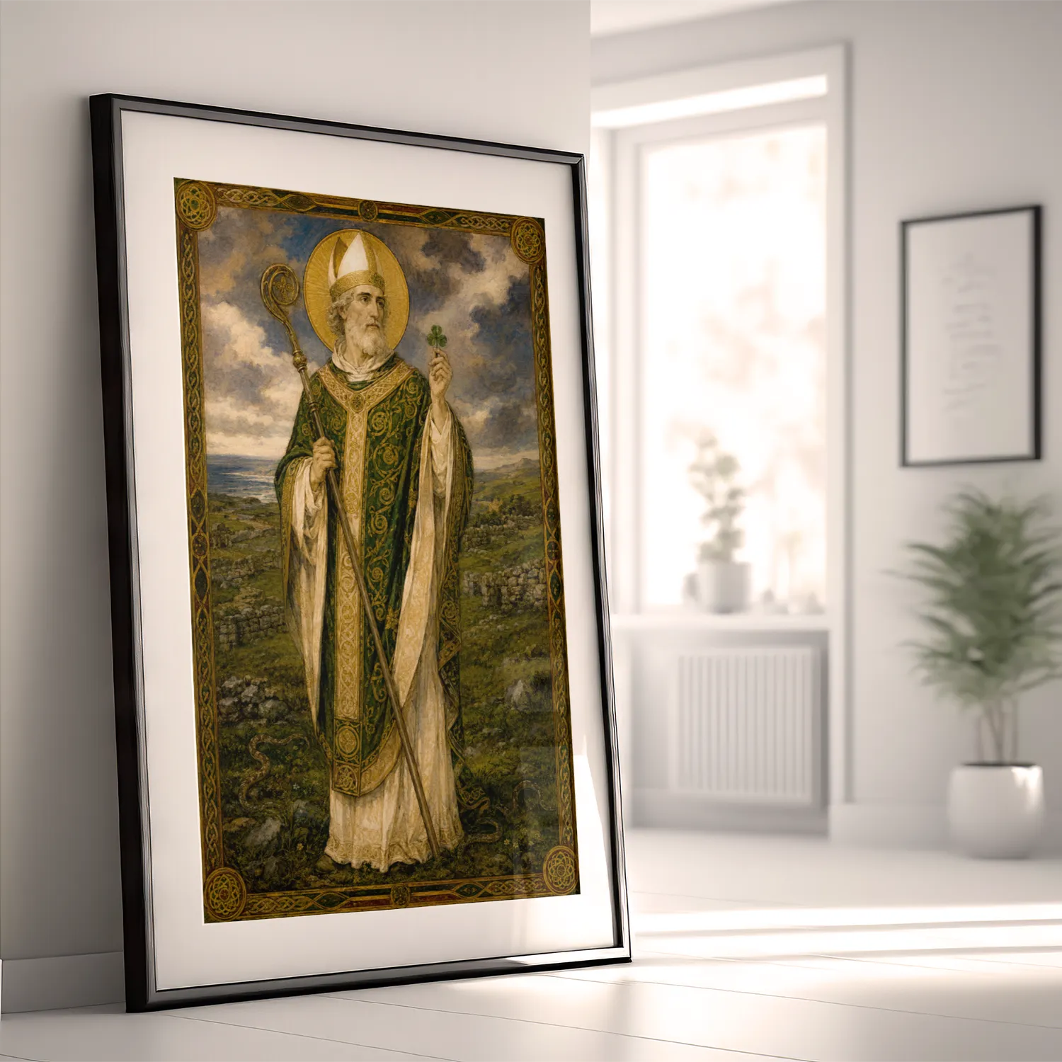 Saint Patrick giclée fine art print (framed in a bright modern room)