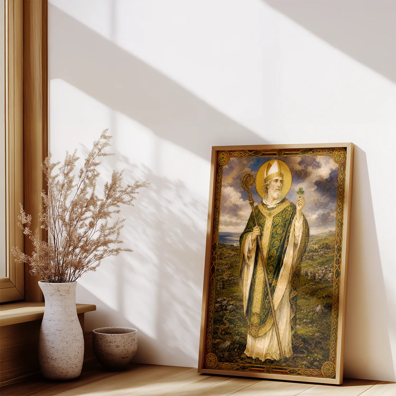 Saint Patrick giclée fine art print (framed on a shelf in daylight)