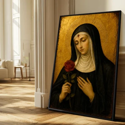 Saint Rita of Cascia giclée fine art print (in a sunlit living room)