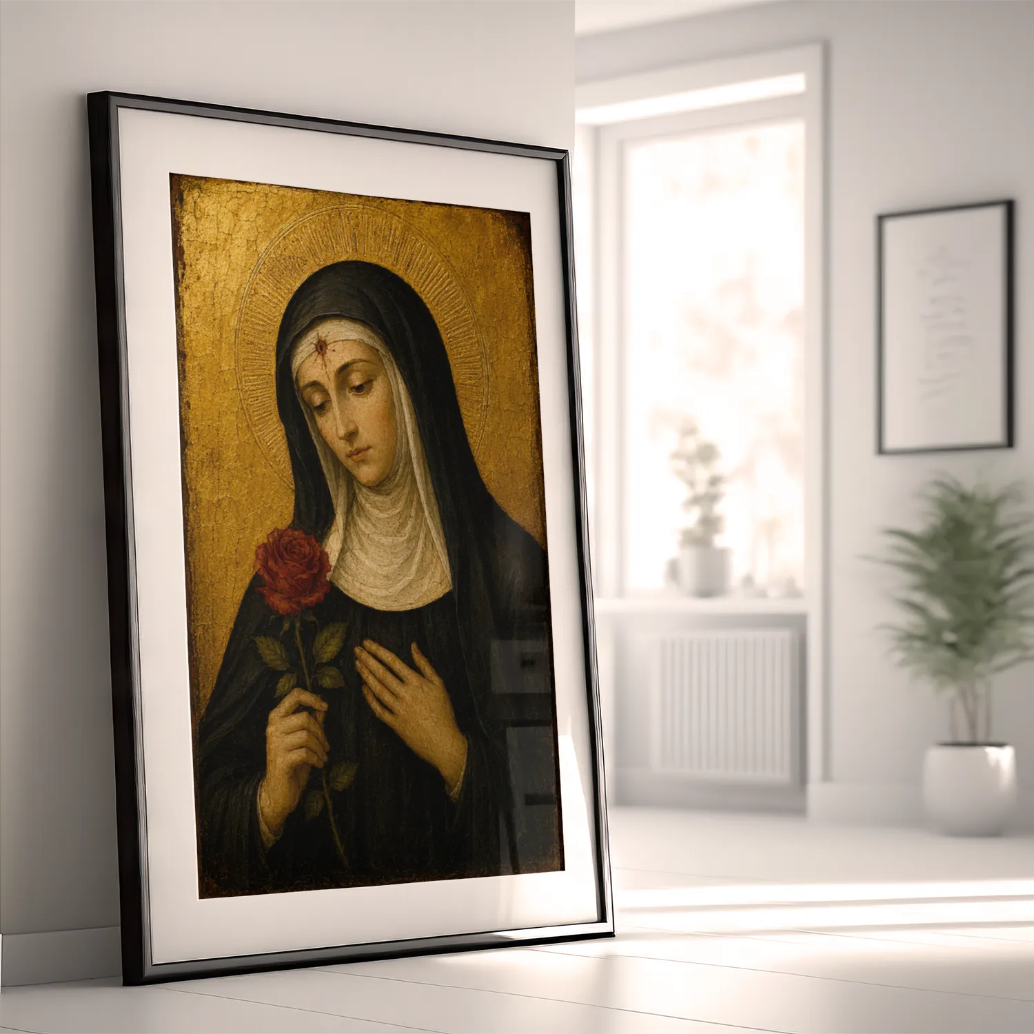 Saint Rita of Cascia giclée fine art print (framed in a bright modern room)