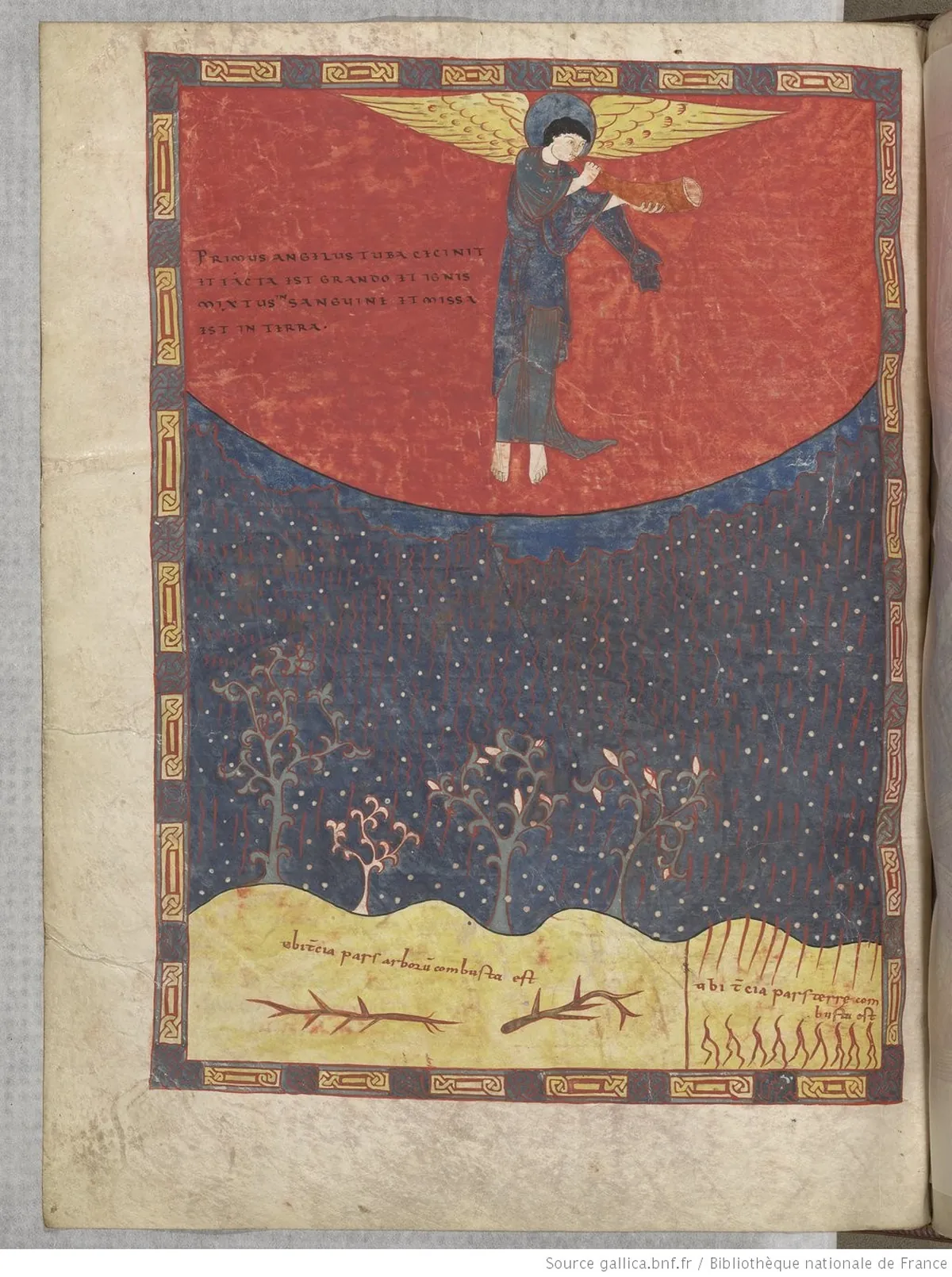 The first angel sounds the trumpet in the Saint-Sever Beatus, hail and fire mixed with blood falling on burnt trees over flat bands of red, blue and yellow