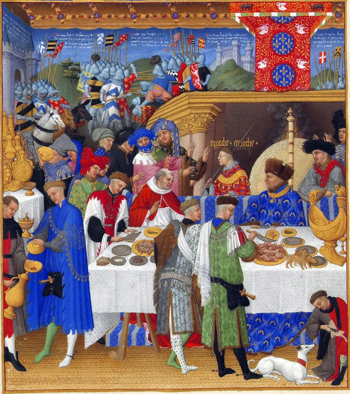 January from the Tres Riches Heures, the Duke of Berry at table in a blue robe under a tapestry, guests and servants around him