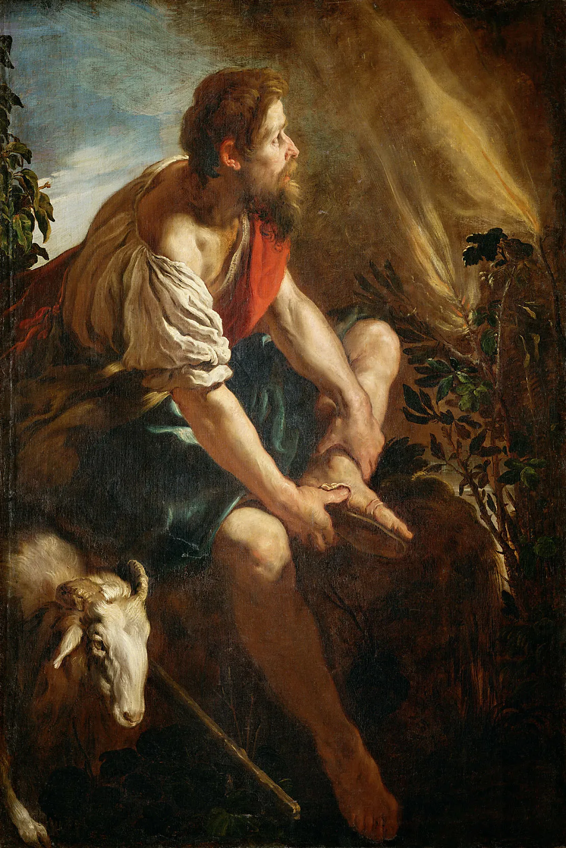 Domenico Fetti, Moses before the Burning Bush, Moses taking off his sandals beside the flames
