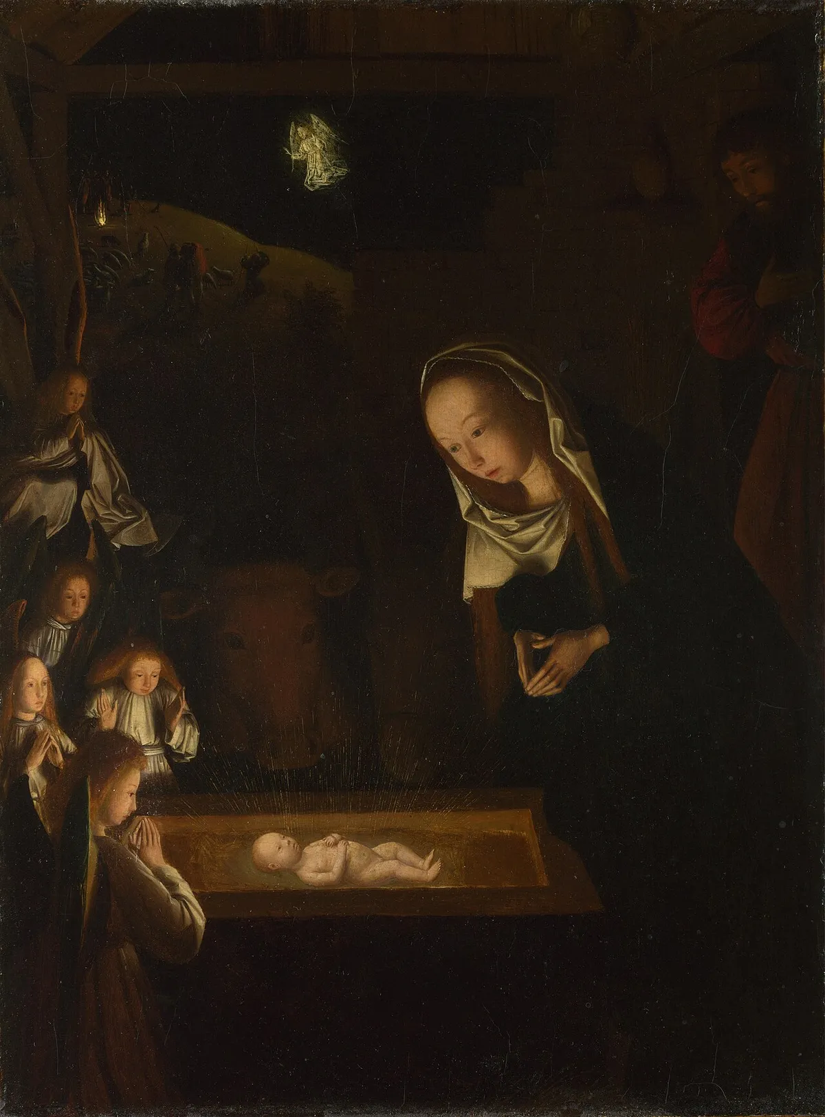 Geertgen tot Sint Jans, The Nativity at Night, the Virgin and angels lit by the glowing Christ Child in a dark stable