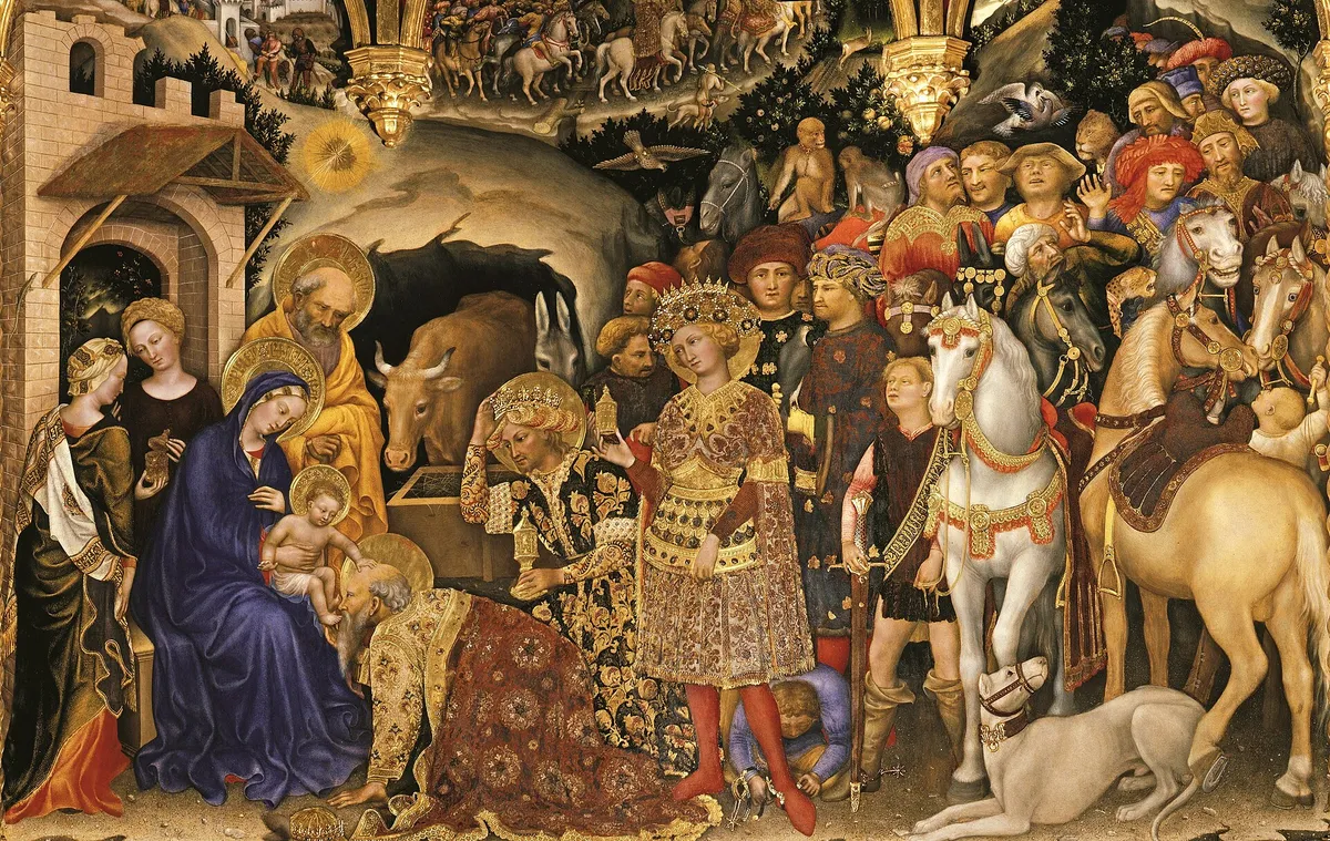 Gentile da Fabriano, Adoration of the Magi, the oldest king kneeling before the Child as a long procession arrives