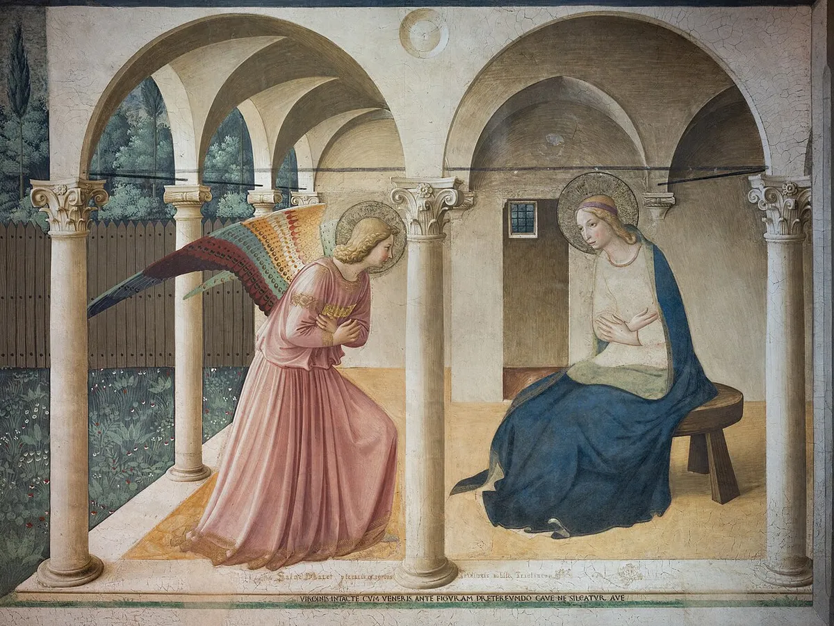 Fra Angelico, The Annunciation, the angel Gabriel bowing before the Virgin Mary in a quiet loggia