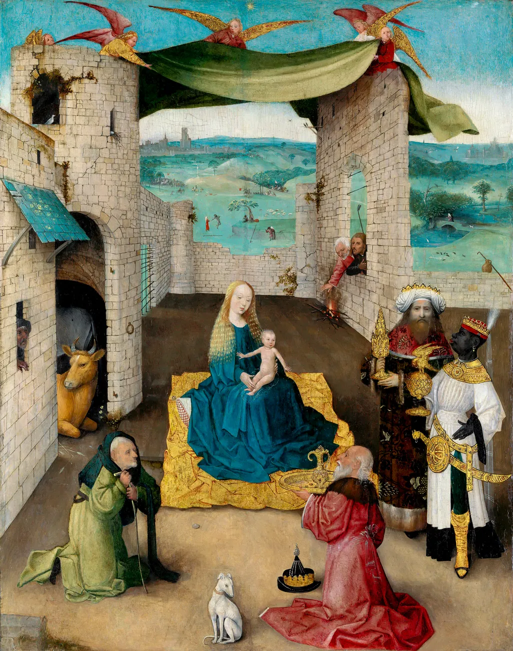 Bosch's Adoration of the Magi: the Virgin and Child on a cloth of gold in a ruined courtyard, angels holding a green canopy above, one king kneeling and two standing, a white greyhound in front