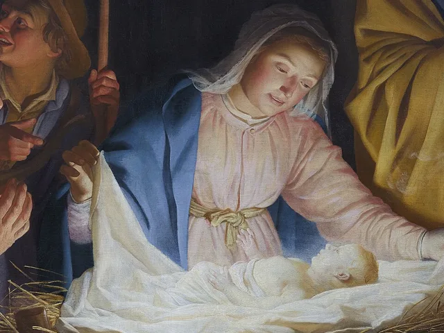 Detail of Gerard van Honthorst's Adoration of the Shepherds, the Virgin lifting the cloth from the glowing Christ Child