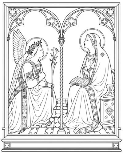 The Annunciation coloring page inspired by The Annunciation by Ambrogio Lorenzetti, free printable Nativity line art