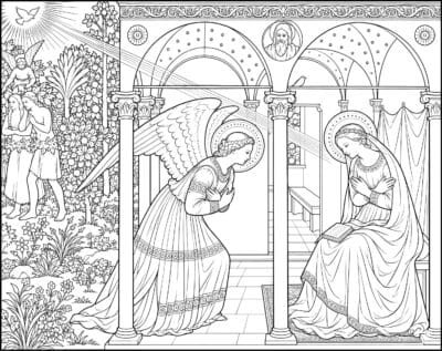 The Annunciation coloring page inspired by The Annunciation by Fra Angelico, free printable Nativity line art