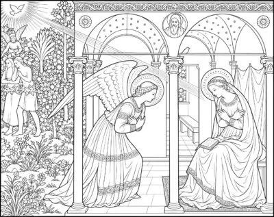 The Annunciation coloring page inspired by The Annunciation by Fra Angelico, free printable Nativity line art