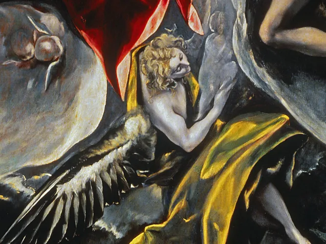 Close-up of the angel with spread wings carrying the count's translucent soul up through a narrow opening in the clouds