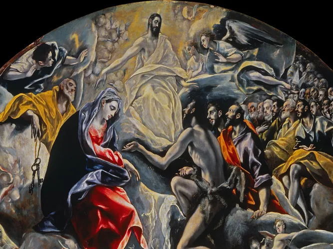 Close-up of the heavenly zone, Christ in white glory above the Virgin in red and blue and Saint John the Baptist, with Saint Peter holding his keys