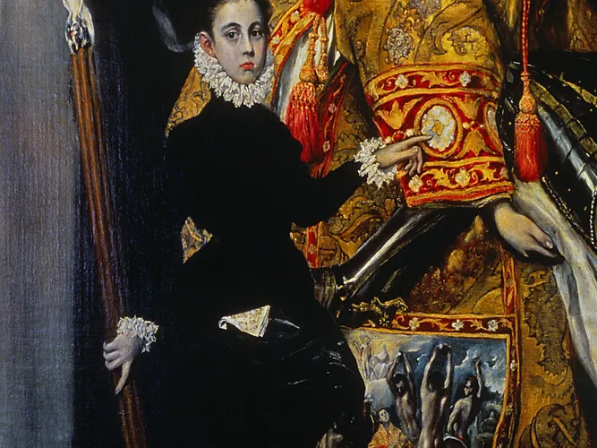 Close-up of El Greco's son Jorge Manuel pointing at the scene, the signed handkerchief showing from his pocket