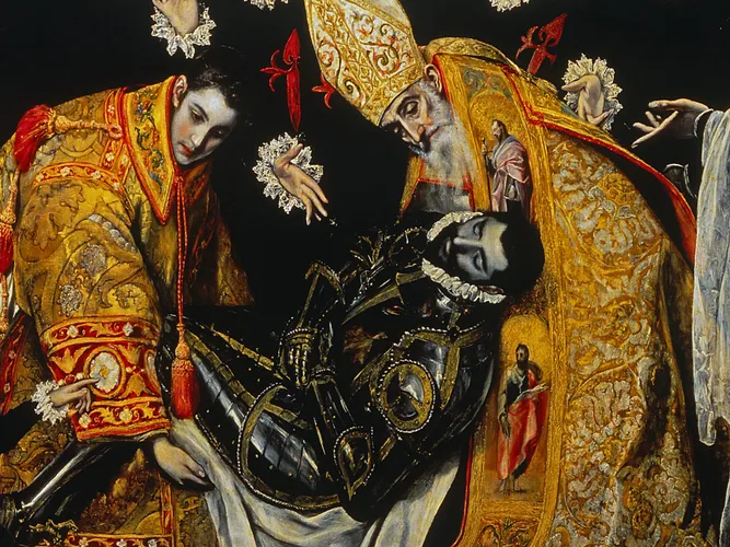Close-up of Saint Stephen and Saint Augustine in golden vestments lowering the count in his black armour