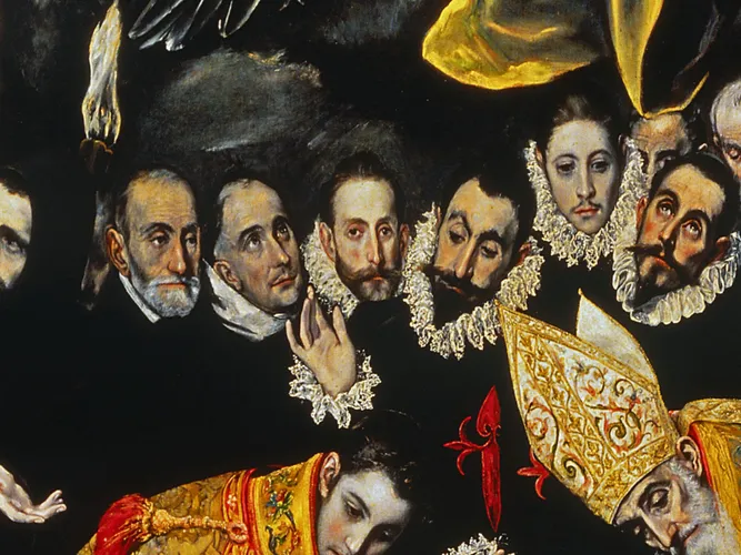 Close-up of the row of Toledan gentlemen in black and white ruffs, with the face traditionally identified as El Greco above a raised hand